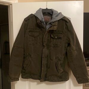 Levi’s jacket. Brown with grey detachable hoodie. Size L